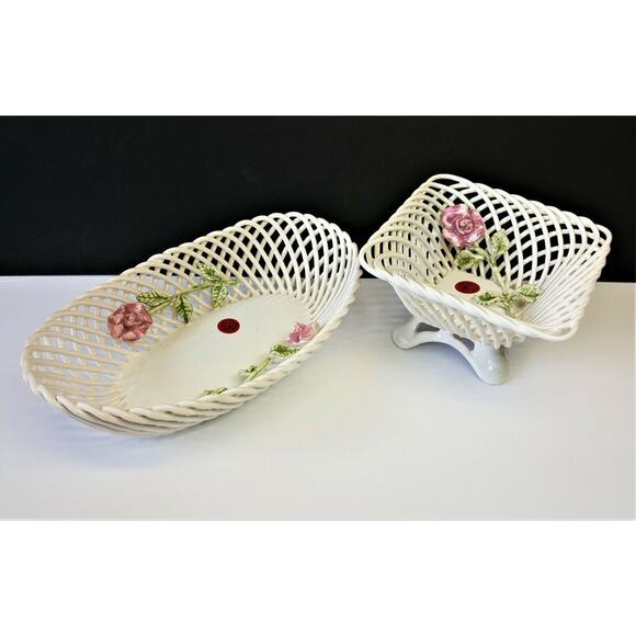 Set/2 Baronia Oval Square Flower Bowls Poland Polish Open Lattice Ceramic Rose - Picture 1 of 10